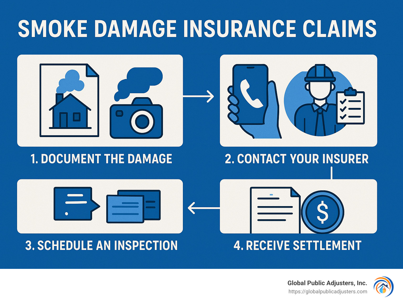 infographic explaining the step-by-step process of filing and handling smoke damage insurance claims clearly and simply - smoke damage insurance claims infographic 