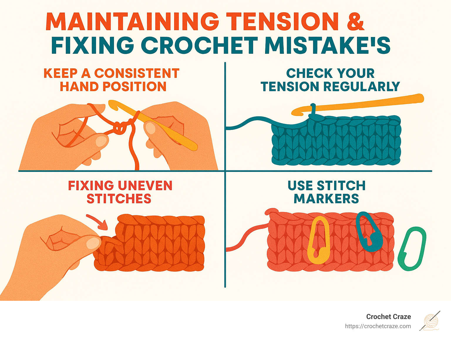 infographic showing tips for maintaining tension and fixing common crochet mistakes - crochet crafts for beginners infographic