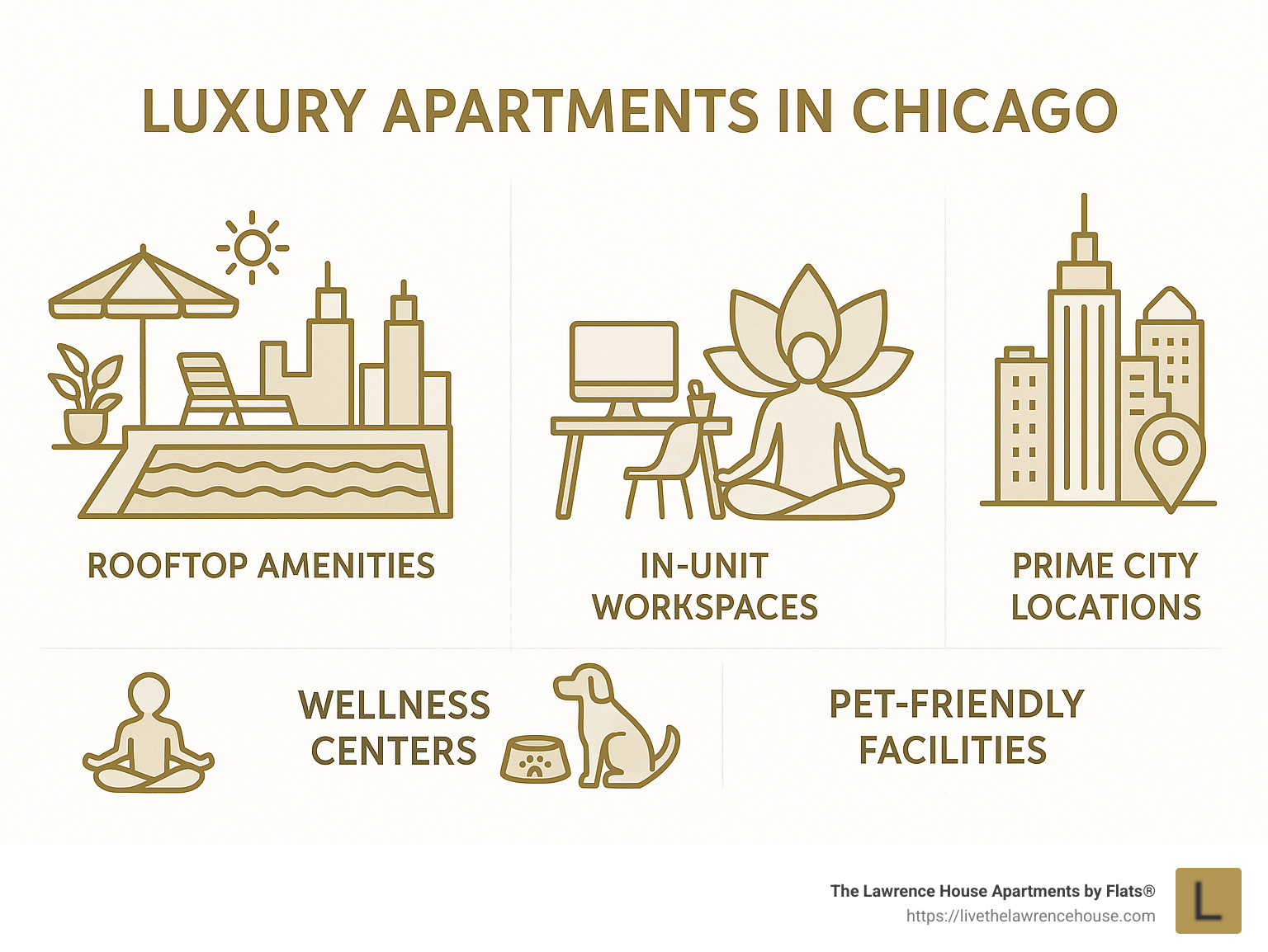 Infographic detailing key features of luxury apartments in Chicago: rooftop amenities, in-unit workspaces, wellness centers, pet-friendly facilities, and prime city locations. - luxury living chicago apartments infographic ai-freestyle
