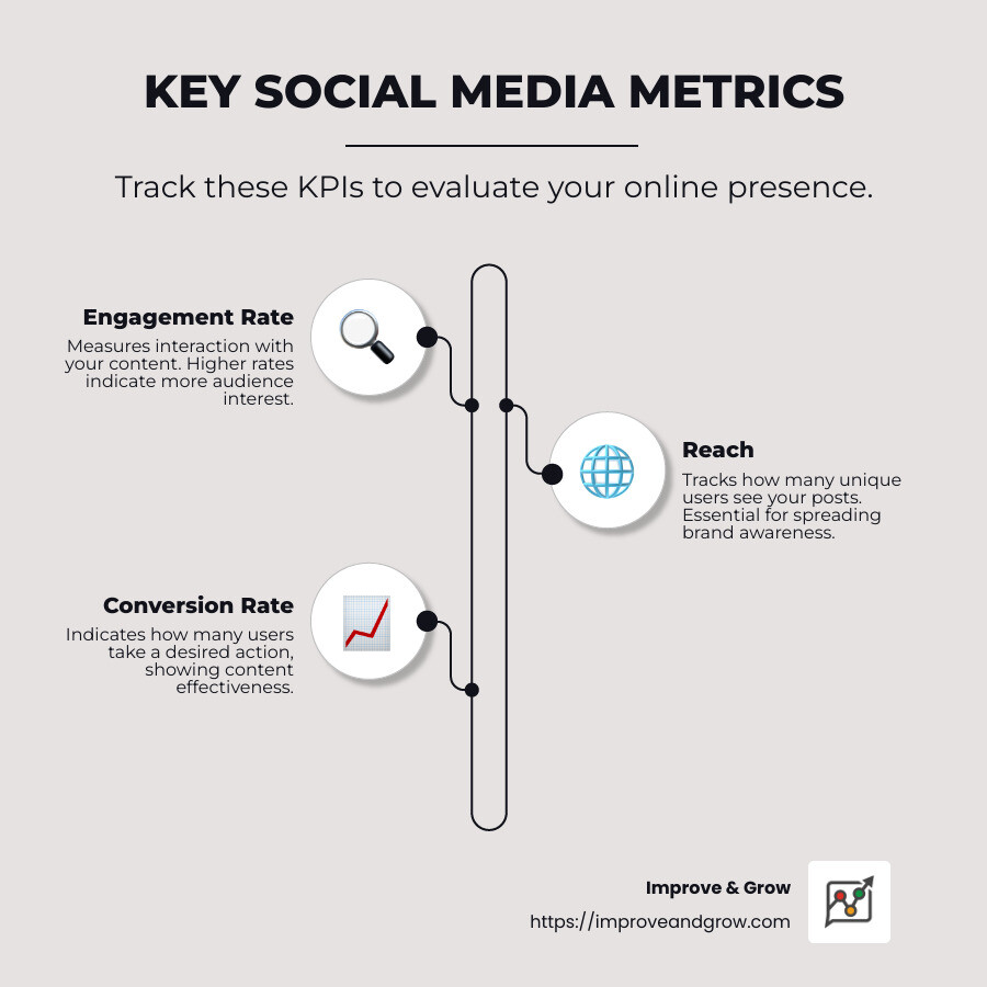 Infographic explaining key social media metrics landscapers should track including engagement rate, reach, click-through rate, conversion rate, and ROI calculations - Social media for landscapers infographic infographic-line-3-steps-neat_beige