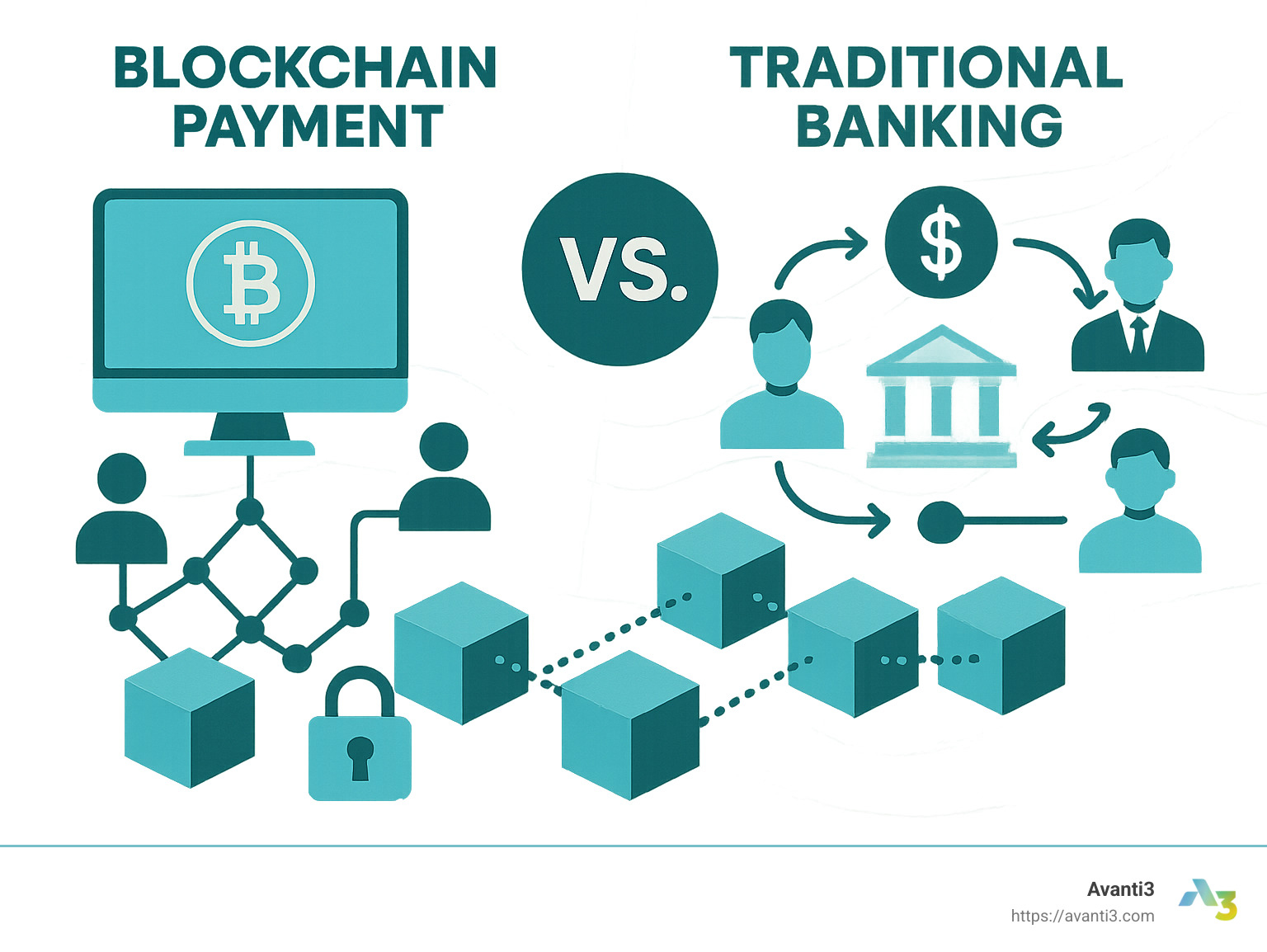 How blockchain payment systems work compared to traditional banking systems, showing the elimination of intermediaries, the distributed verification process through nodes, cryptographic security measures, and how transactions are recorded in blocks and linked together in an immutable chain - blockchain payment systems infographic 