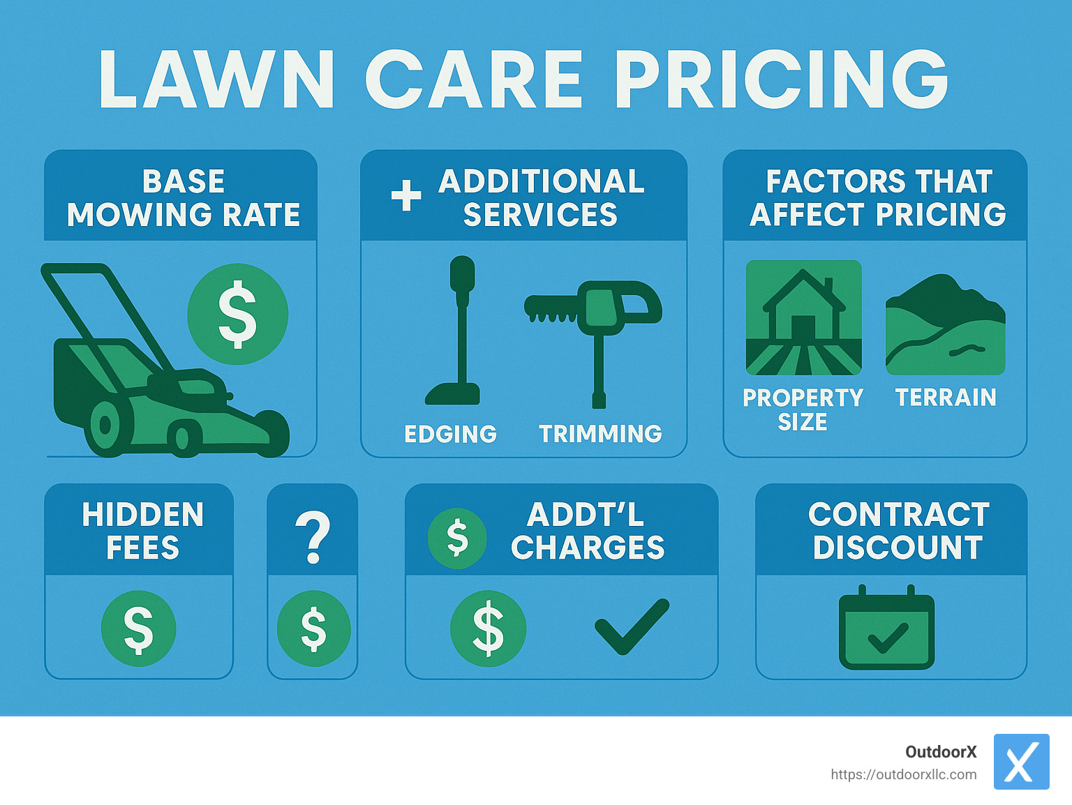 Infographic showing a breakdown of typical lawn care costs, including base mowing rates, additional services like edging and trimming, and factors that affect pricing such as property size and terrain. - lawn mowing service near me infographic 