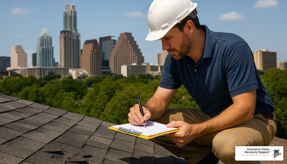 public adjuster examining roof damage in Austin Texas - public adjusters Austin Texas