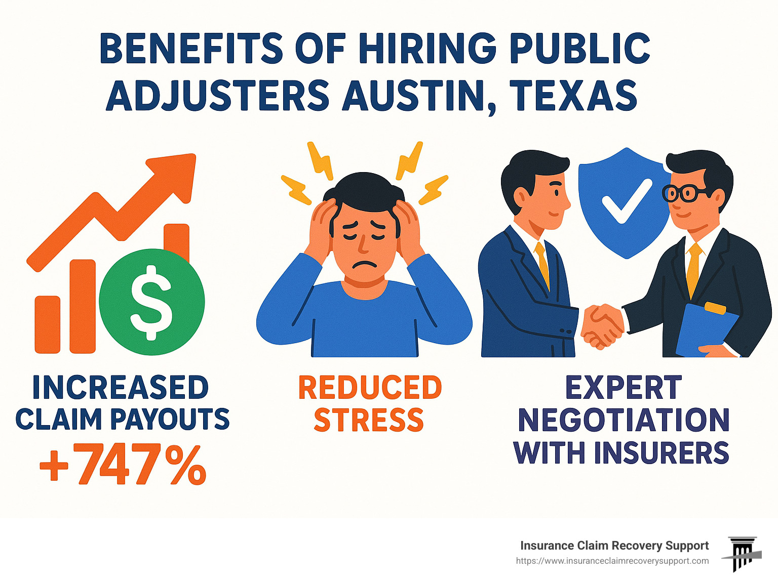 Infographic outlining the key benefits of hiring public adjusters Austin Texas, including increased claim payouts, reduced stress, and expert negotiation with insurers. - public adjusters Austin Texas infographic 