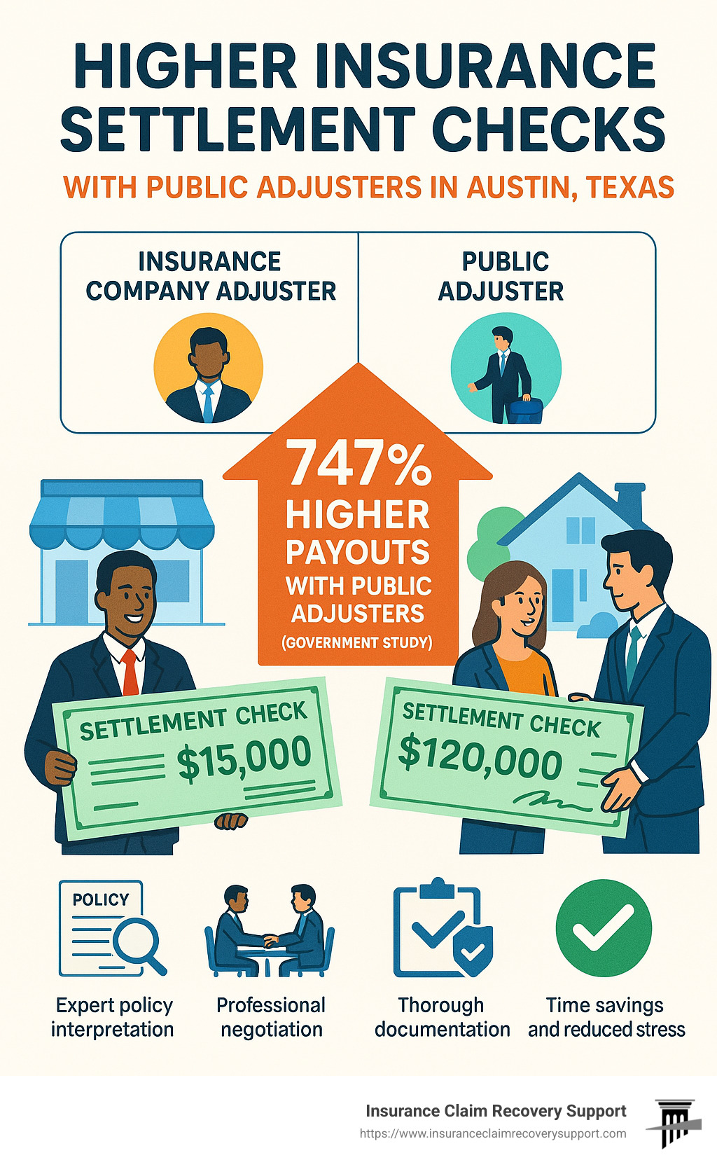 Austin's Finest: A List of Top Public Adjusters 3 Dramatically increased insurance settlement check with public adjuster assistance - public adjusters Austin Texas infographic