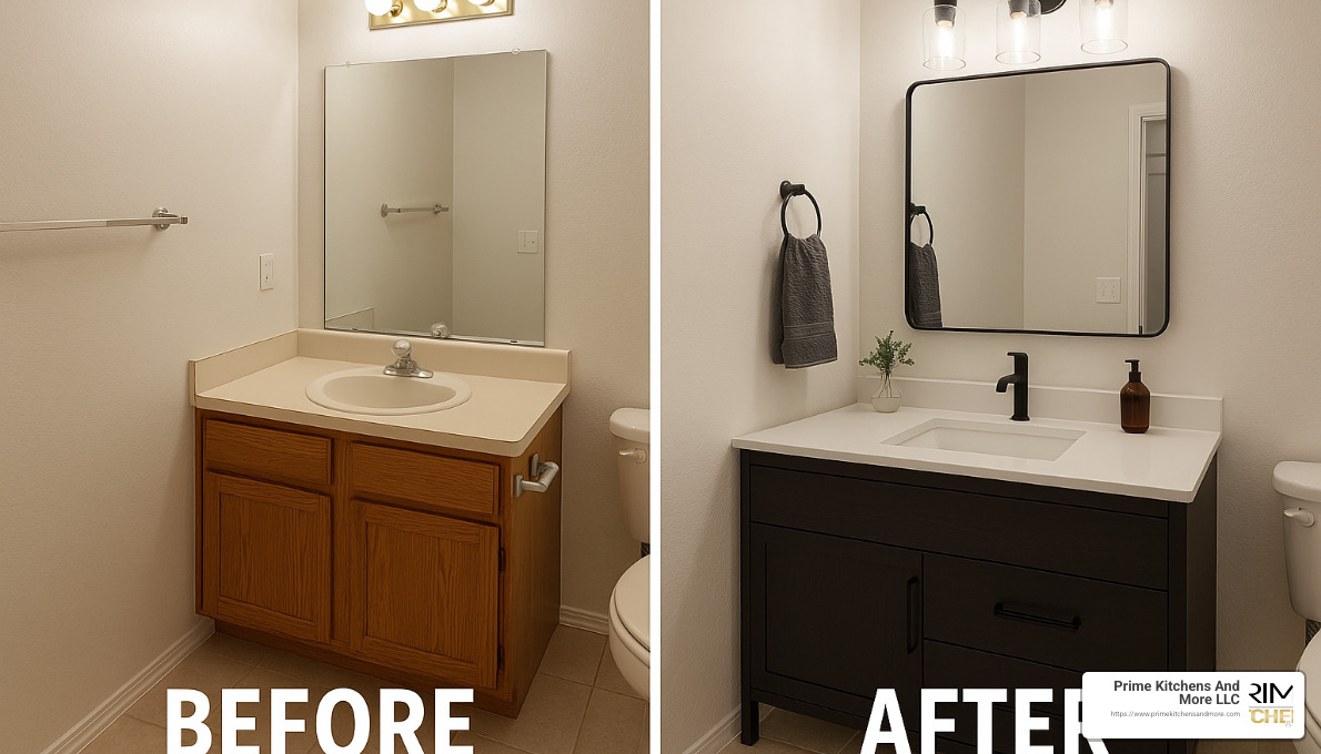 Before and after bathroom vanity installation showing dramatic improvement - Bathroom vanity installation Orlando