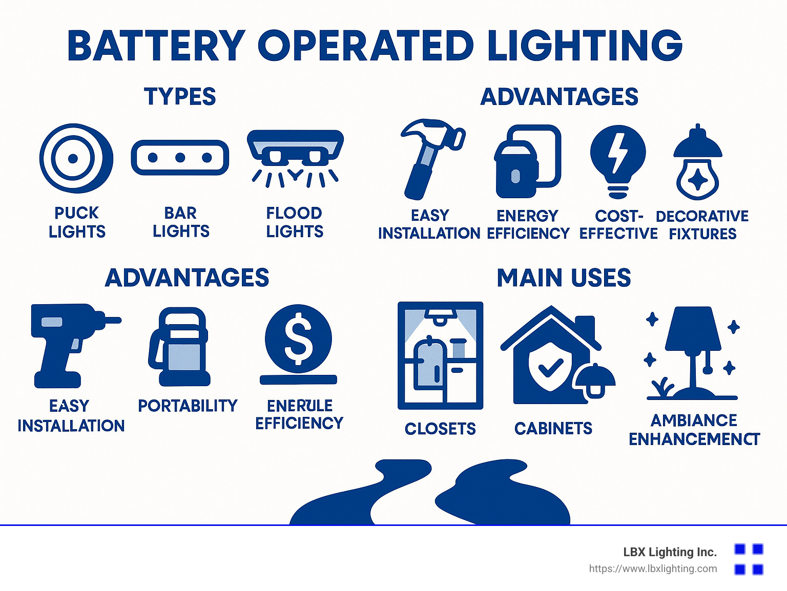 Infographic showing types, advantages, and common uses of battery operated lighting - battery operated lighting infographic 