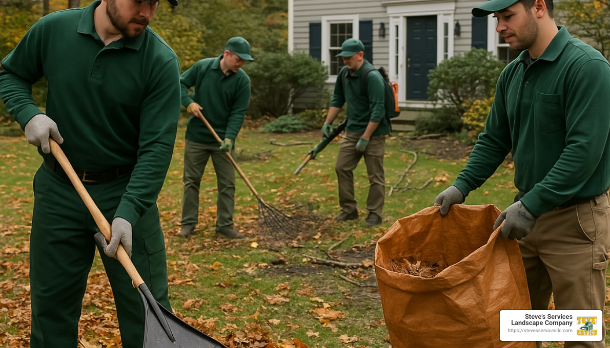 professional lawn care team performing cleanup - lawn care clean up