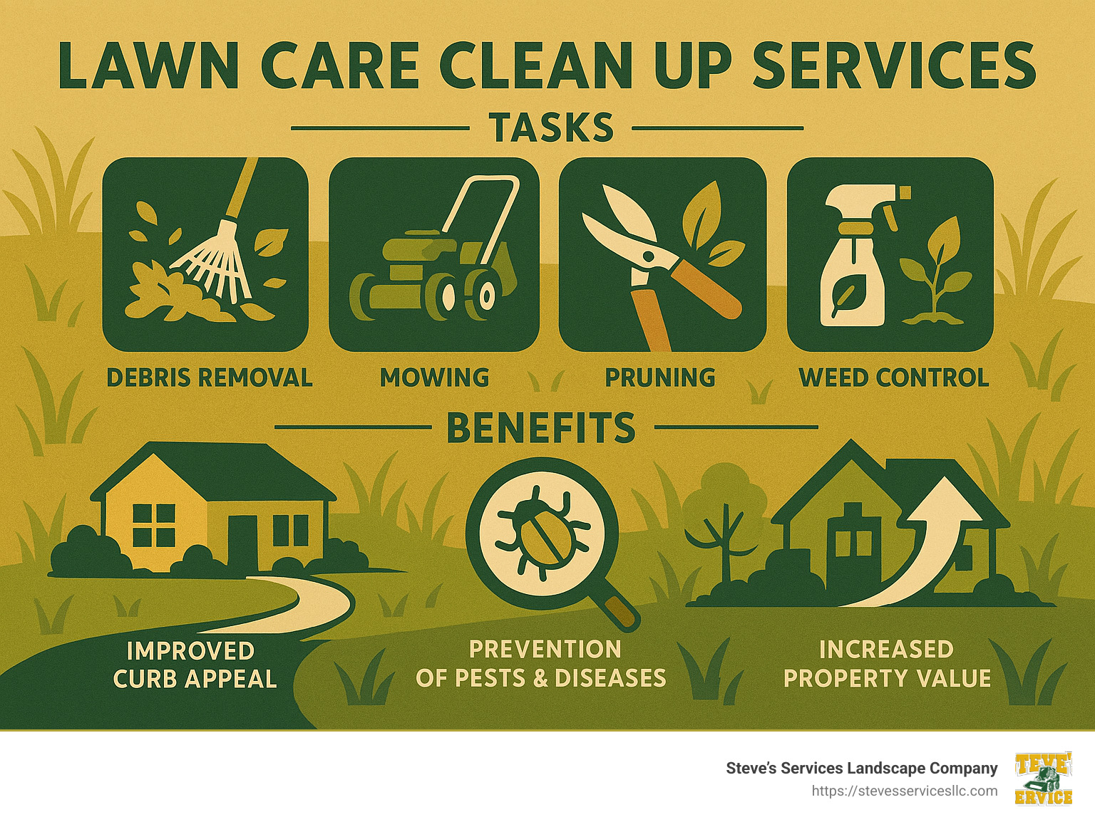 Infographic showing the main tasks and benefits of professional lawn care clean up services, including debris removal, mowing, pruning, and improved curb appeal. - lawn care clean up infographic 