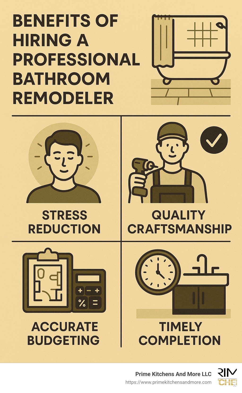 Infographic outlining key benefits of hiring a professional bathroom remodeler, including stress reduction, quality craftsmanship, accurate budgeting, and timely completion. - bathroom remodel orlando infographic 