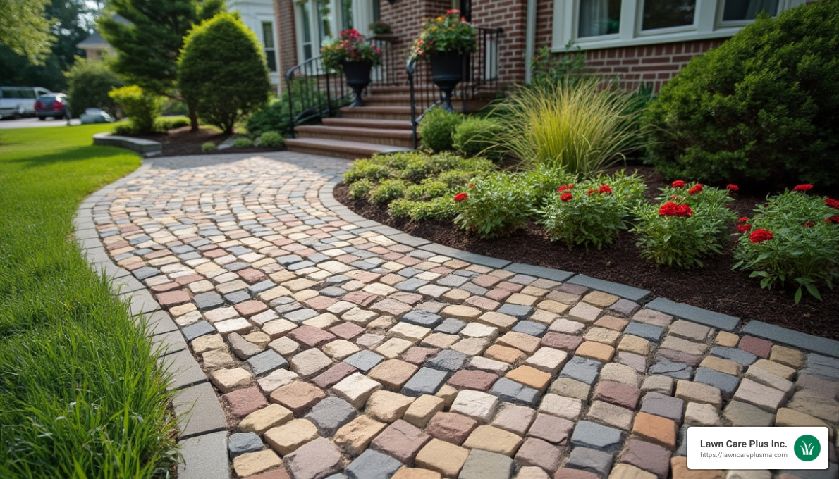 intricate paver walkway with decorative pattern - patios & walkways
