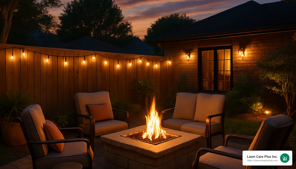 patio with fire pit and ambient lighting at dusk - patios & walkways