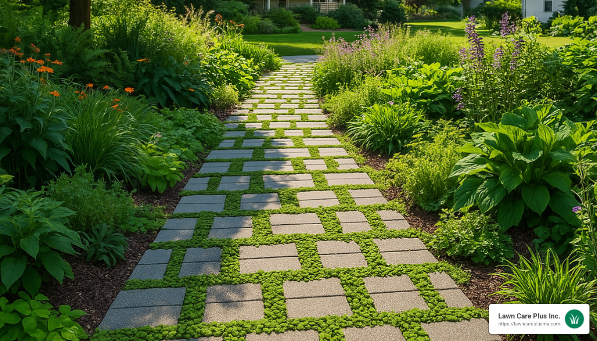 permeable paver walkway with plants growing between pavers - patios & walkways
