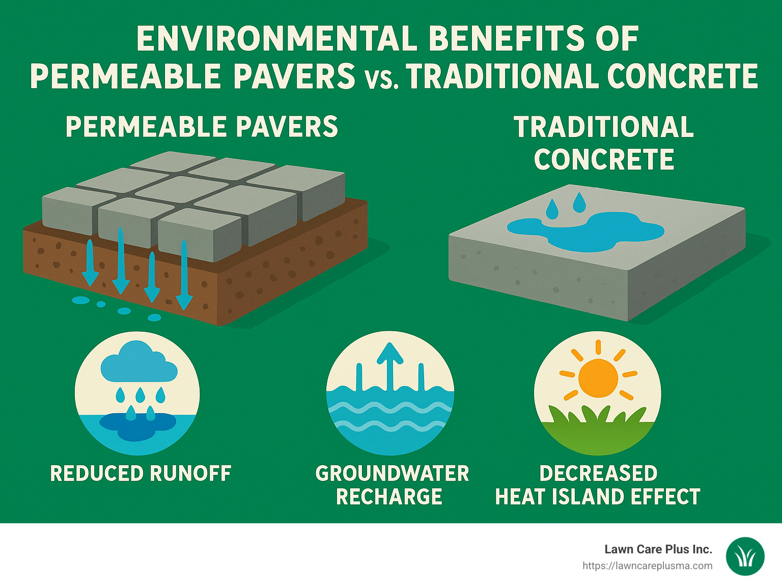 Infographic showing the environmental benefits of permeable pavers versus traditional concrete, including reduced runoff, groundwater recharge, and decreased heat island effect - patios & walkways infographic 