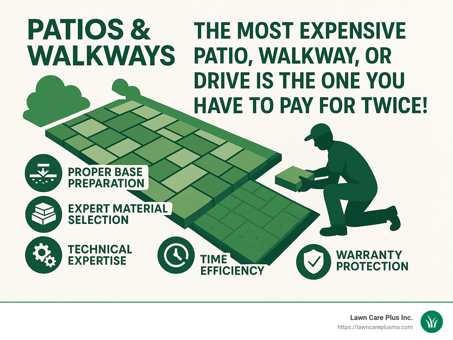 Quote: "The most expensive patio, walkway, or drive is the one you have to pay for twice!" - highlighting the importance of quality materials and professional installation - patios & walkways infographic 