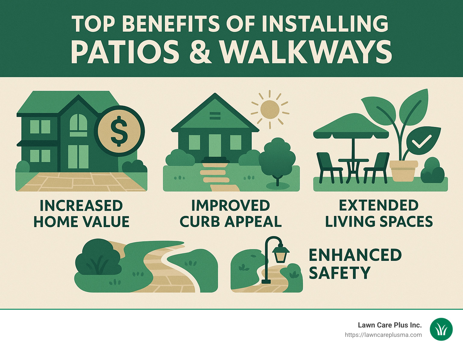 Infographic showing the top benefits of installing patios & walkways, including increased home value, improved curb appeal, extended living spaces, improved safety, and eco-friendly options. - patios & walkways infographic 