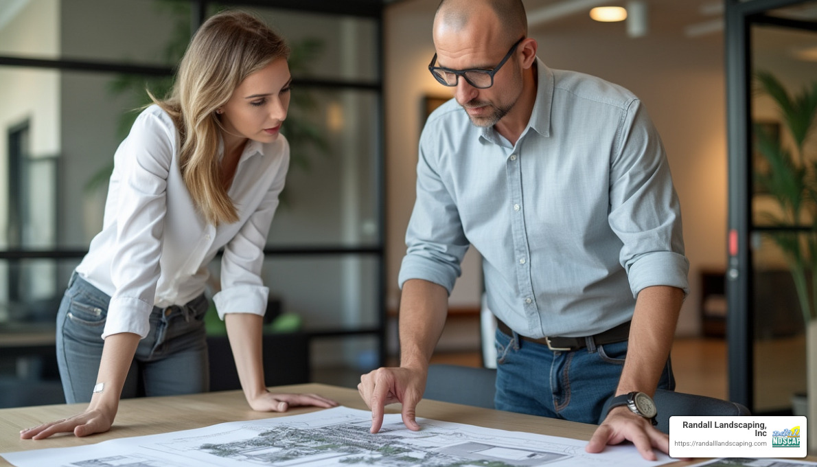 client meeting with landscaping professional reviewing design plans - commercial and residential landscaping