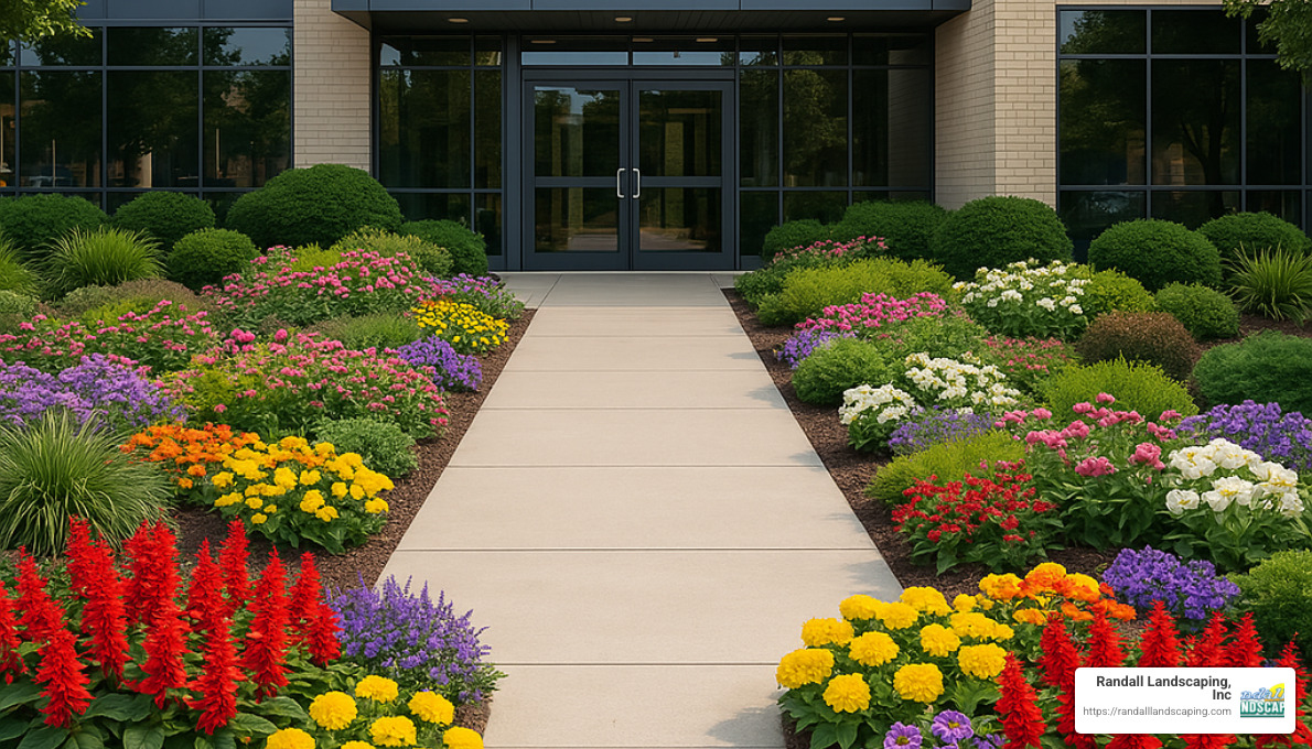 professional landscaped commercial building entrance with seasonal plantings - commercial and residential landscaping