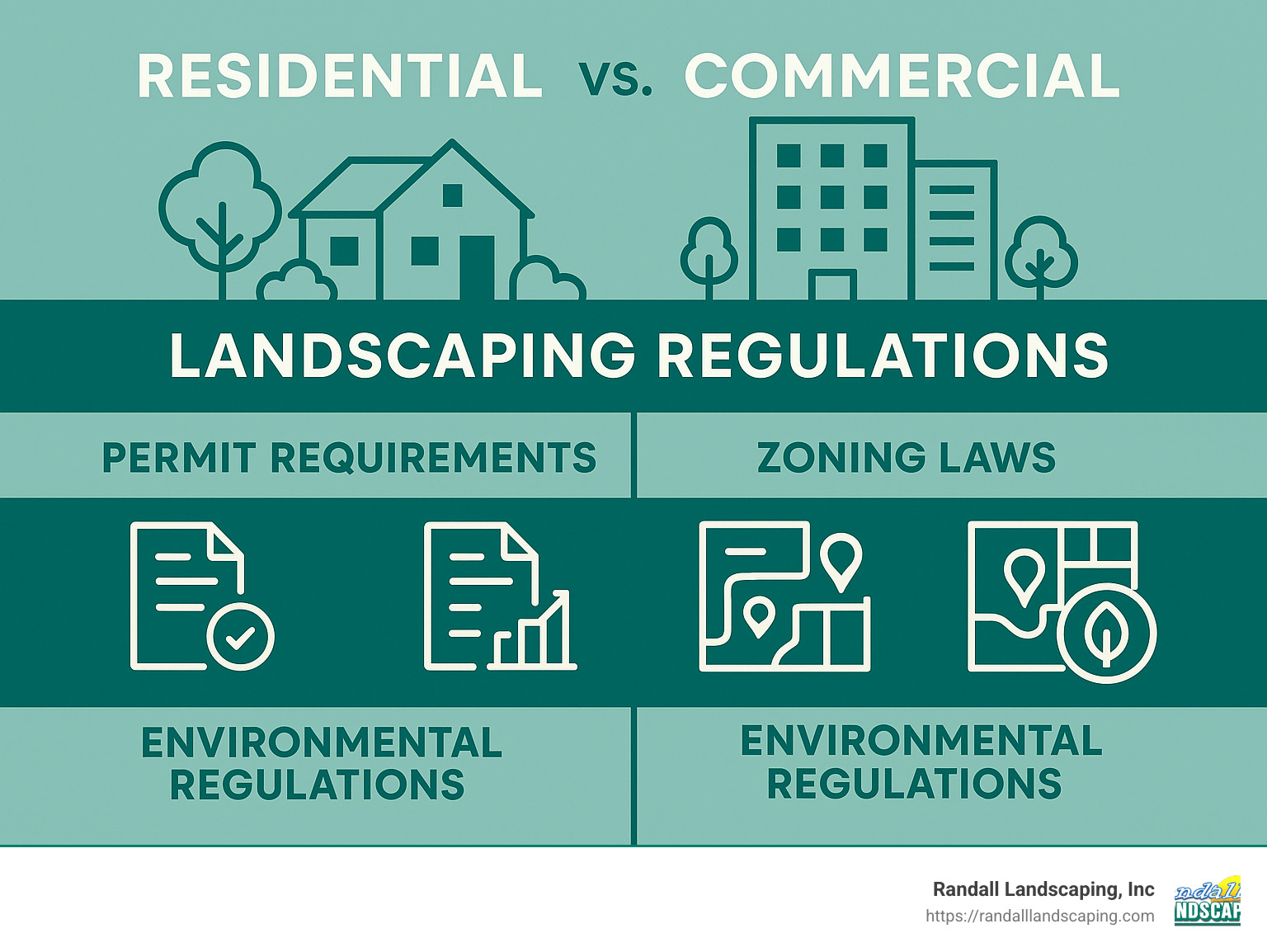 Infographic showing the regulatory differences between commercial and residential landscaping projects, including permit requirements, zoning laws, and environmental regulations. - commercial and residential landscaping infographic 