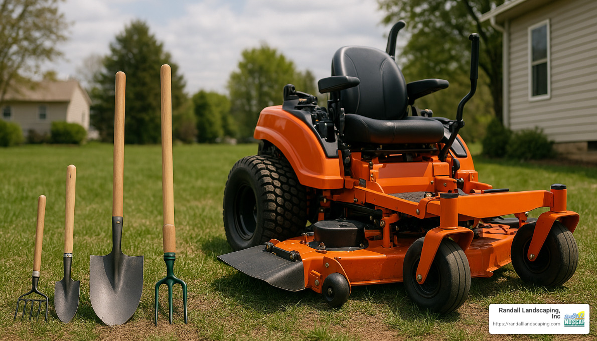 landscaping equipment comparison showing small garden tools next to commercial grade machinery - commercial and residential landscaping