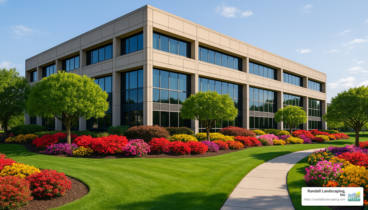 office building with professional landscaping featuring trees, shrubs and seasonal flowers - commercial and residential landscaping