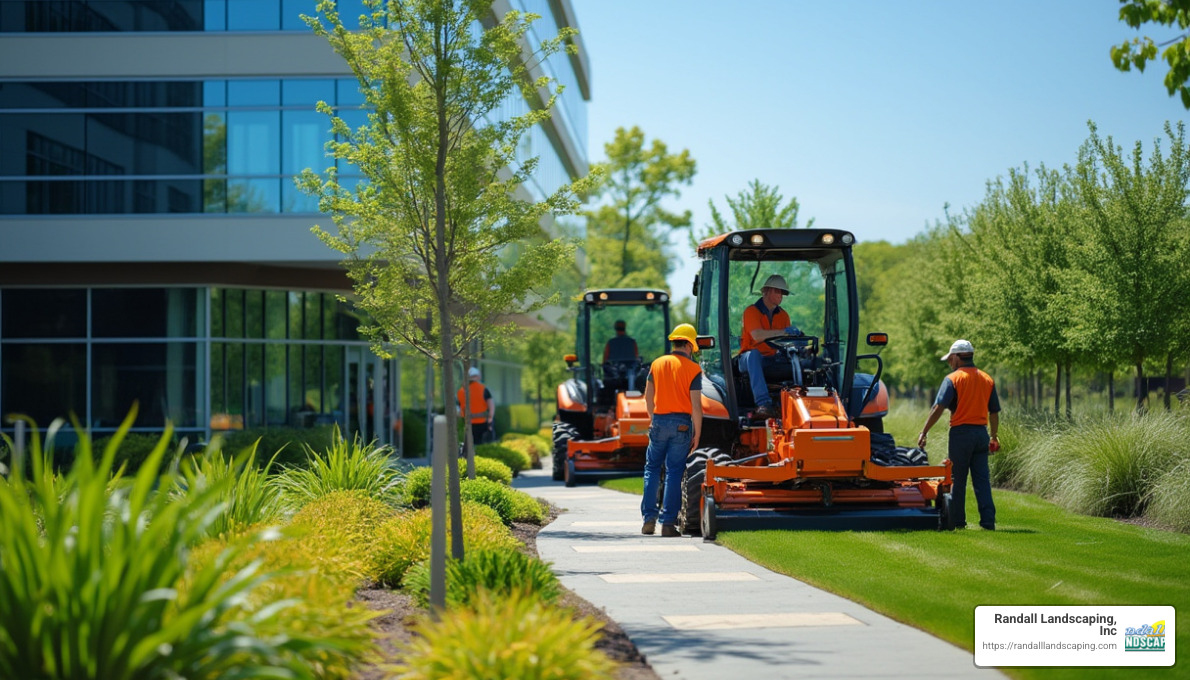 professional landscapers working on a large commercial property - commercial and residential landscaping