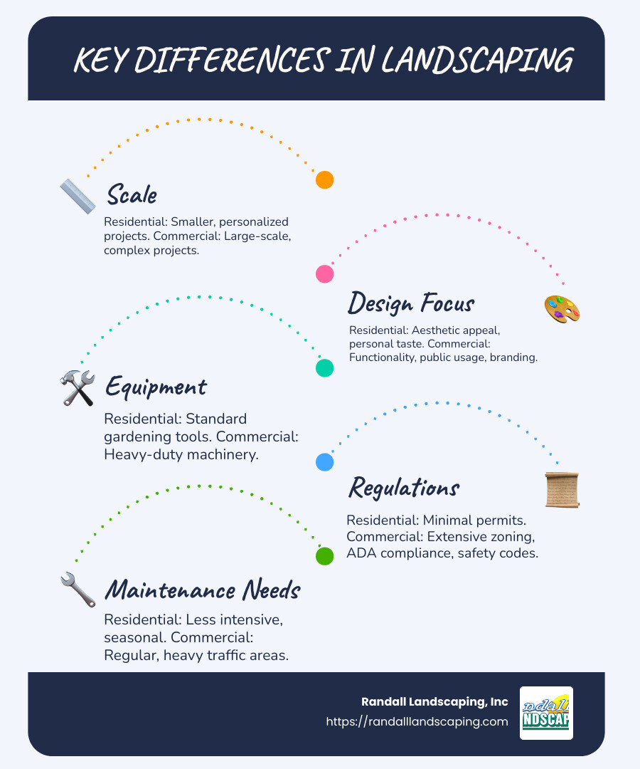 Infographic comparing key differences between commercial and residential landscaping, including scale, equipment needs, regulations, and maintenance demands. - commercial and residential landscaping infographic infographic-line-5-steps-blues-accent_colors