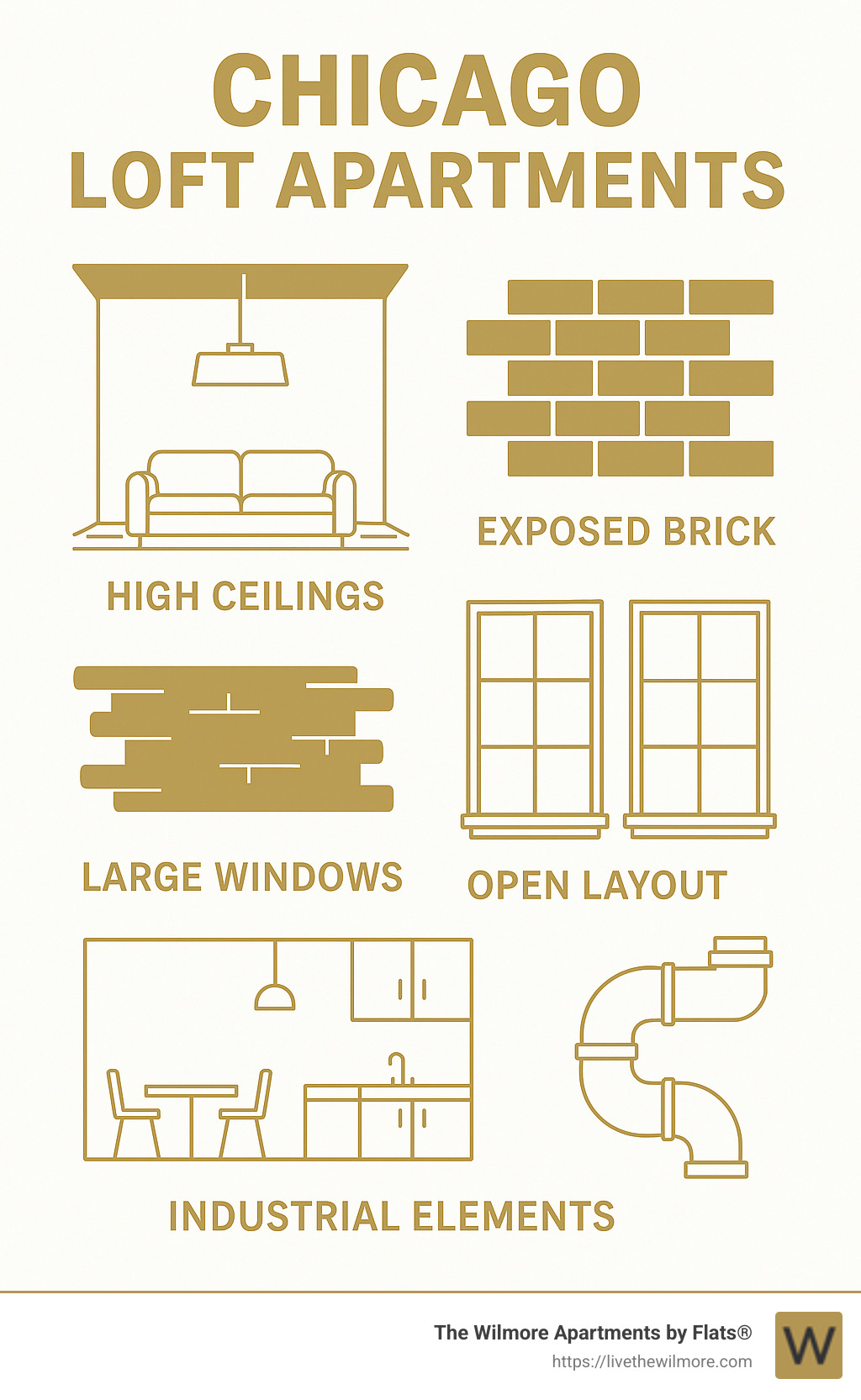 Infographic defining what features to expect in typical Chicago loft apartments, including high ceilings, exposed brick, large windows, open layouts, and industrial elements. - chicago lofts for rent infographic Infographic defining what features to expect in typical Chicago loft apartments, including high ceilings, exposed brick, large windows, open layouts, and industrial elements. - chicago lofts for rent infographic