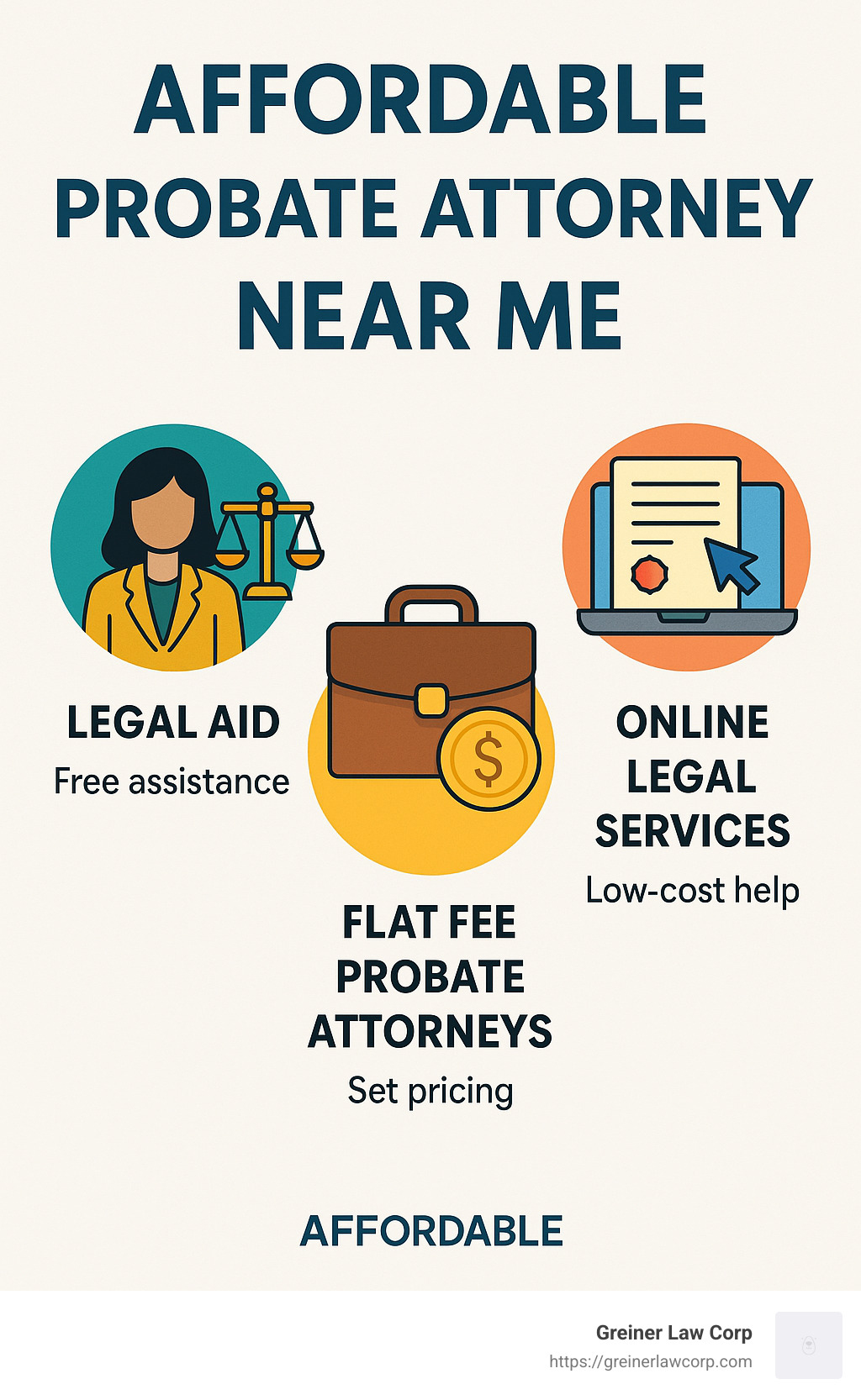 Infographic comparing affordable probate attorney near me options: Legal Aid, Flat Fee Probate Attorneys, and Online Legal Services - affordable probate attorney near me infographic 