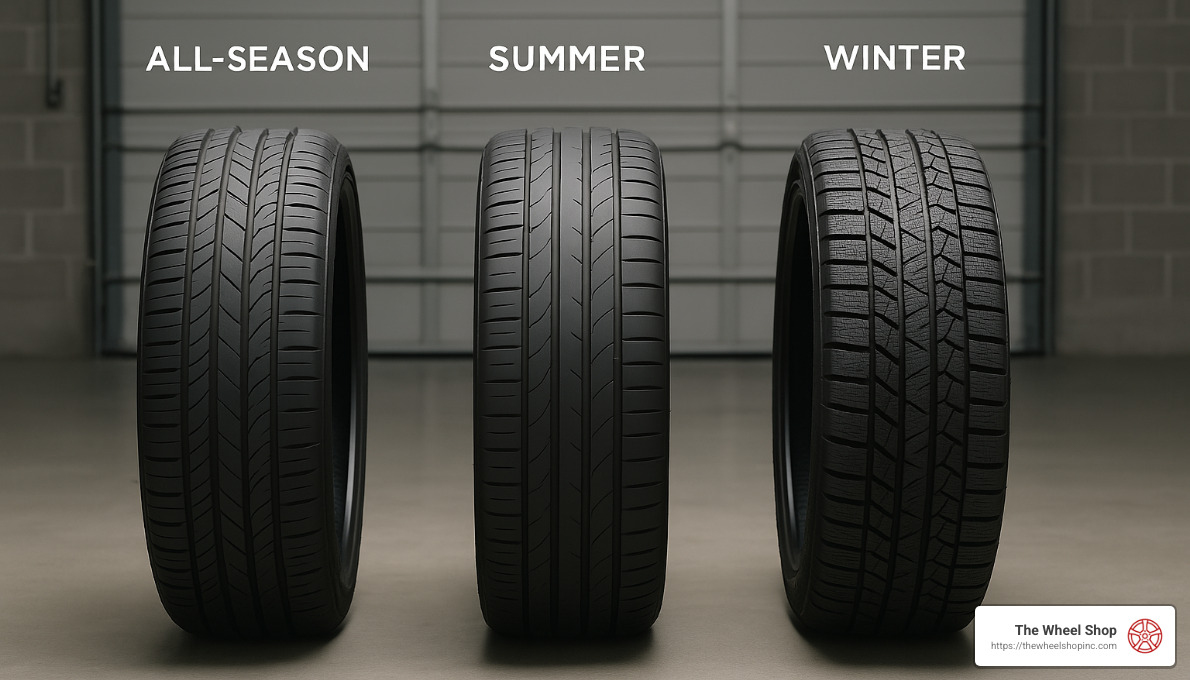 All three types of Tesla rated tires side by side - all-season, summer, and winter - tesla rated tires