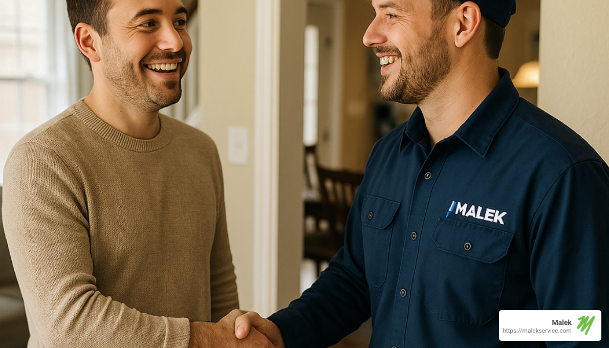 satisfied customer shaking hands with a Malek plumber - houston plumbing maintenance plans