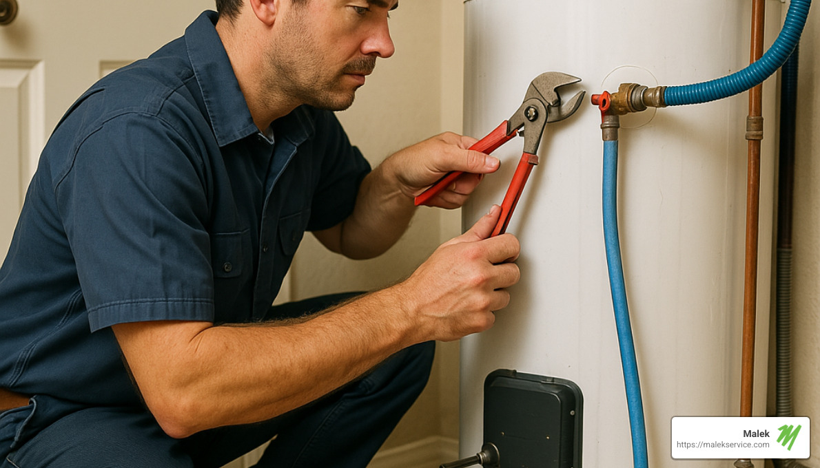 plumber performing maintenance tasks on water heater - houston plumbing maintenance plans