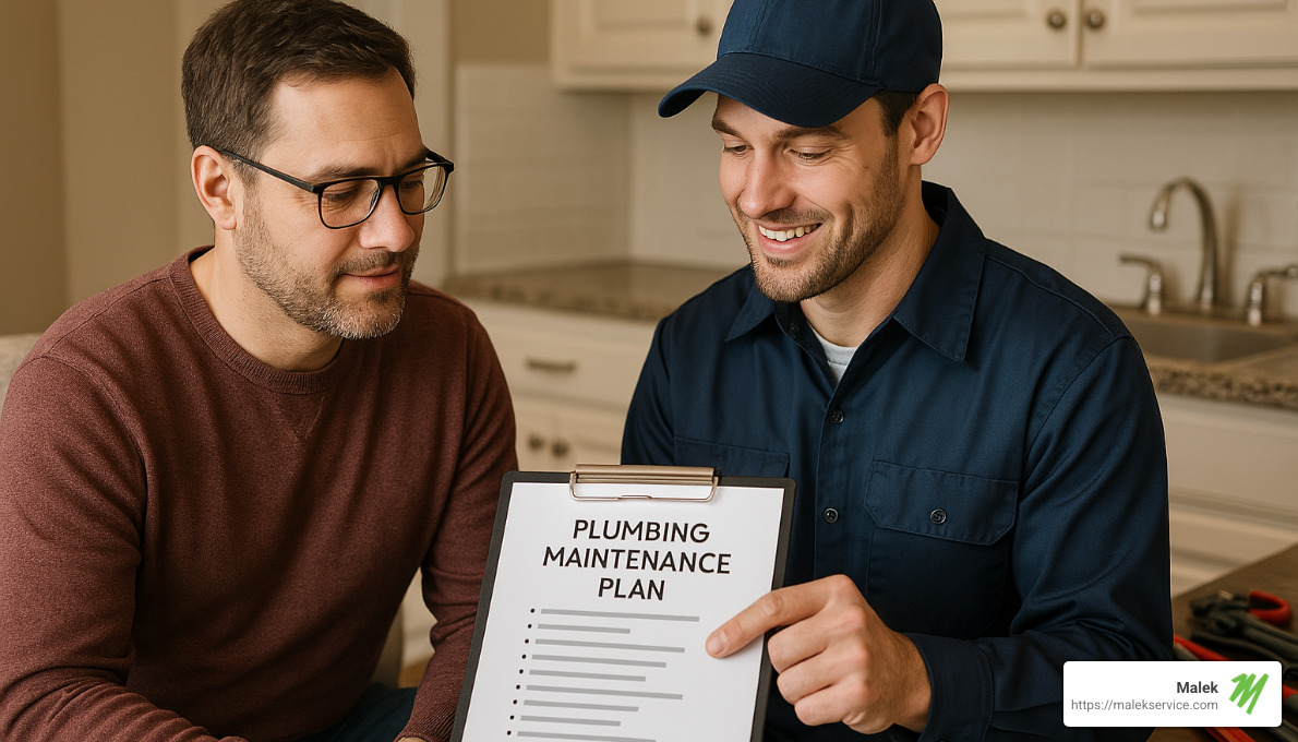 homeowner reviewing a plumbing maintenance plan with technician - houston plumbing maintenance plans