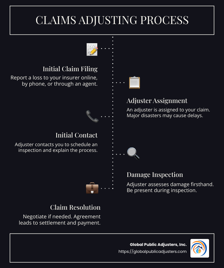 detailed flowchart of the claims adjusting process - what do insurance adjusters do infographic infographic-line-5-steps-dark
