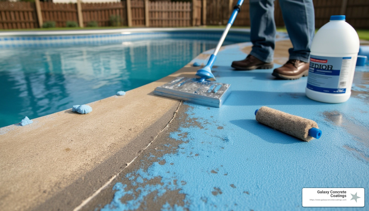 pool deck repair process showing surface preparation and coating application - pool deck repair services