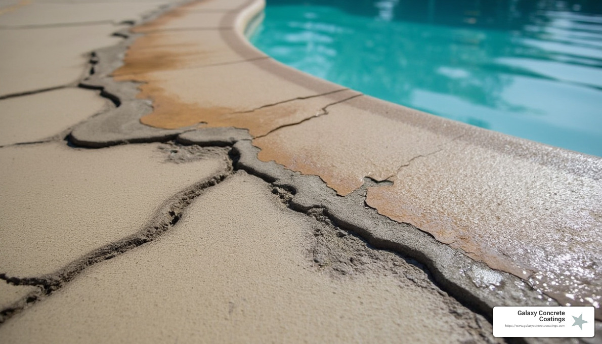 types of pool deck damage including cracks, spalling, and discoloration - pool deck repair services