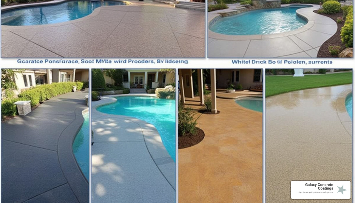 various resurfaced pool decks showing different finishes and colors - pool deck repair services