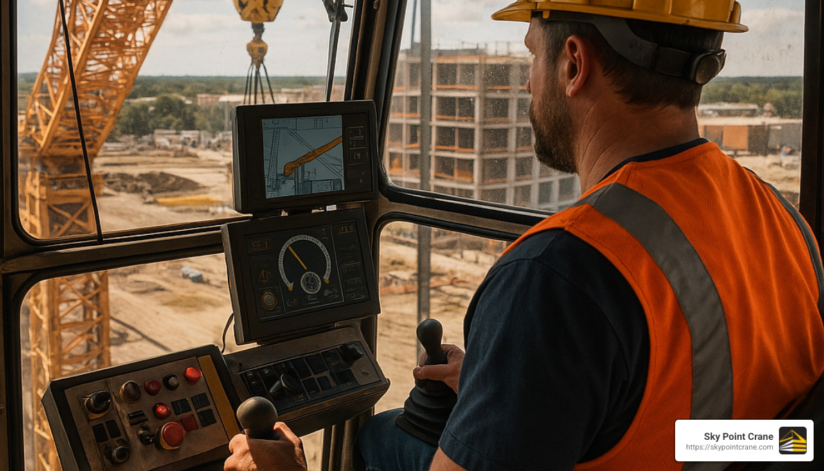 Crane operator in control cabin operating heavy machinery - Crane operator certification