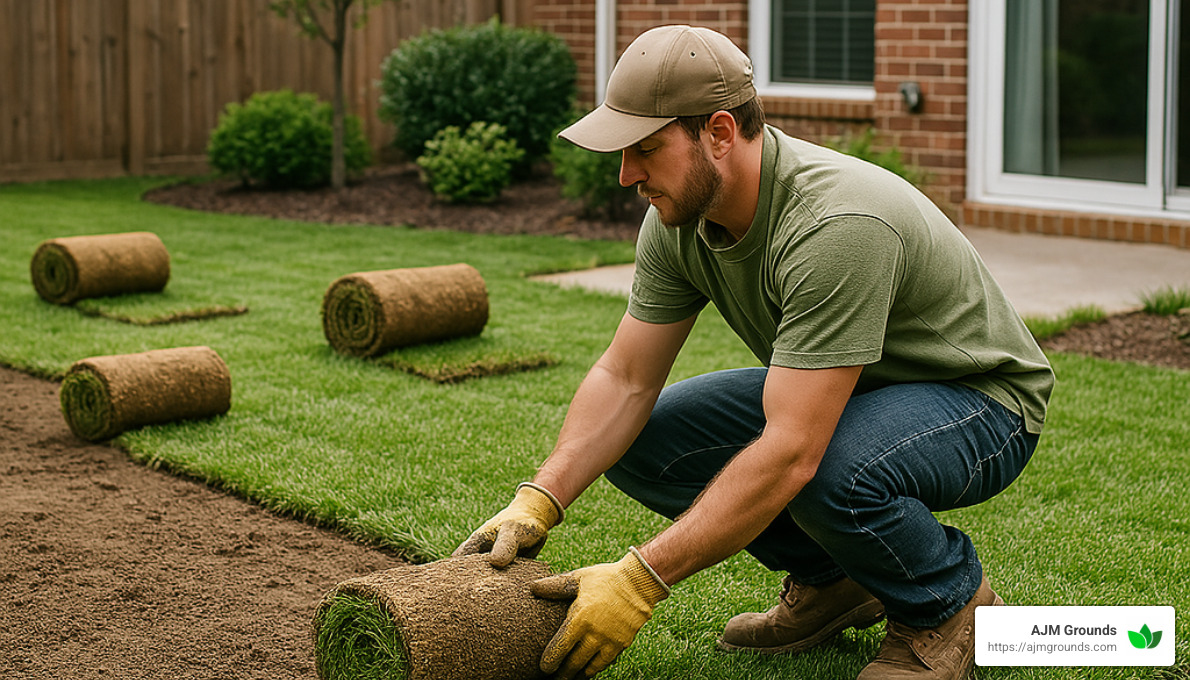 professional sod installer at work - best sod installation near me