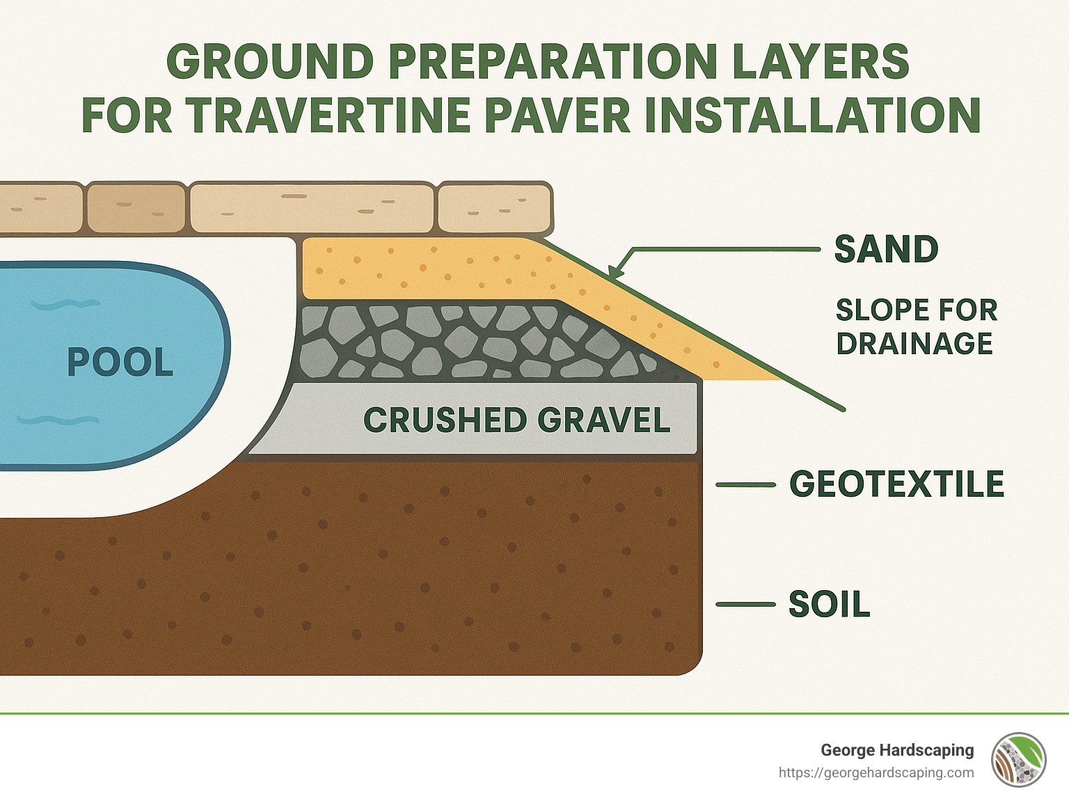 ground preparation layers for travertine paver installation showing soil, geotextile, crushed gravel, and sand layers with proper slope - install travertine pavers around pool infographic 
