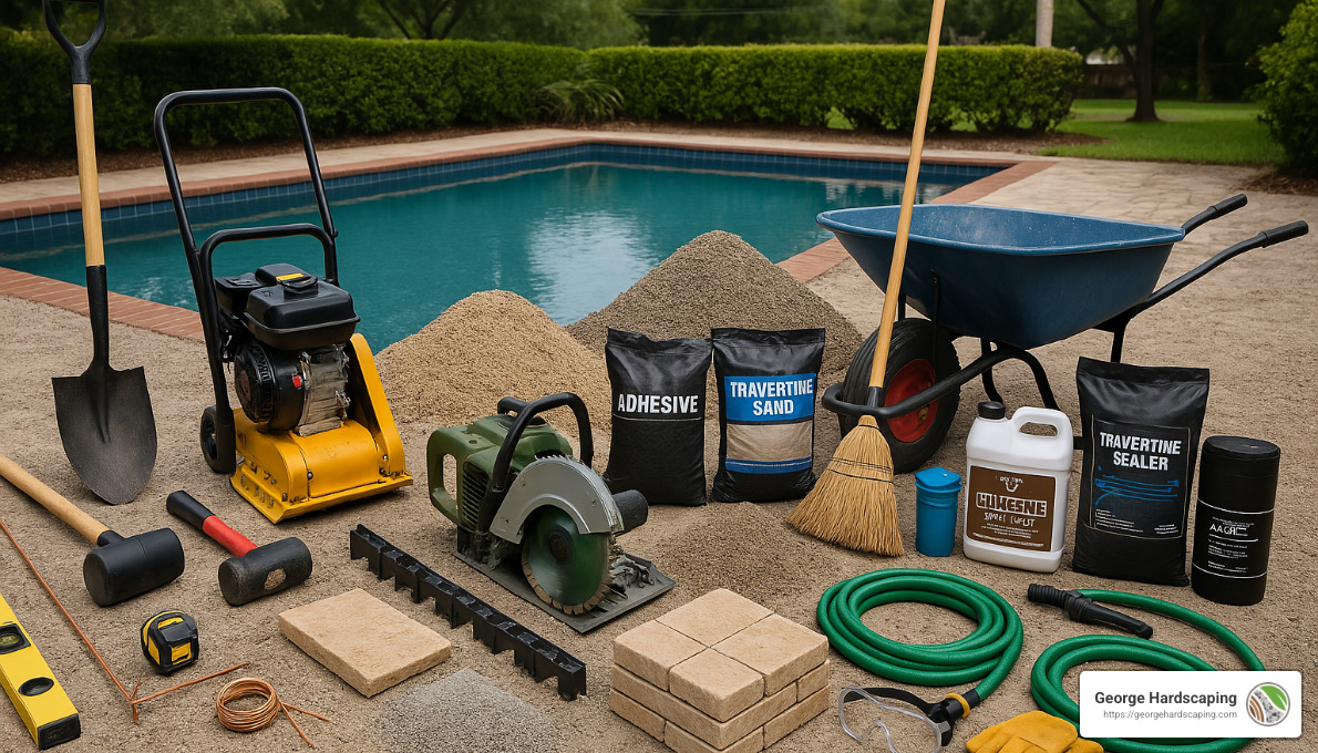 tools and materials for travertine paver installation - install travertine pavers around pool