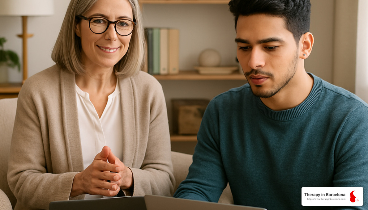 Virtual therapy session with therapist and client - English-speaking psychotherapist