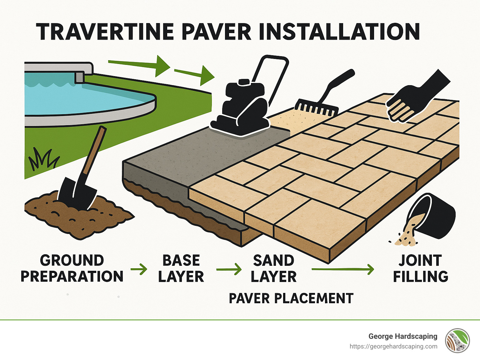 Travertine paver installation process showing the layers of base preparation, sand layer, paver placement, and joint filling with arrows indicating proper drainage slope and starting from pool coping working outward - install travertine pavers around pool infographic 