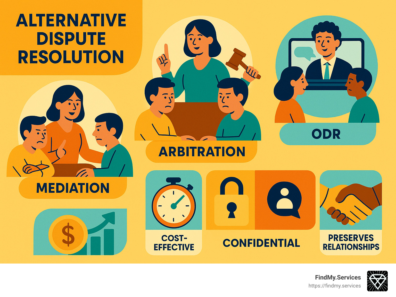 Infographic showing ADR processes including mediation, arbitration, online dispute resolution (ODR), and their key benefits such as cost-effectiveness, speed, confidentiality, and relationship preservation. - alternative dispute resolution experts infographic 