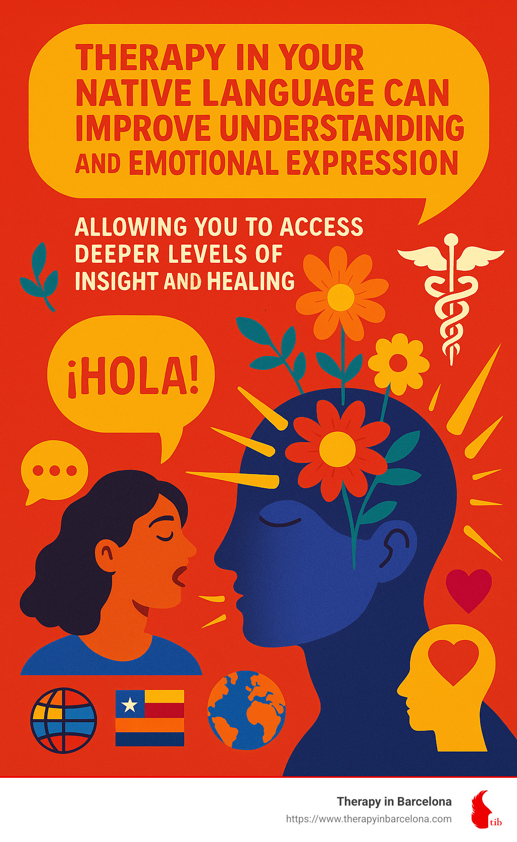Quote: "Therapy in your native language can improve understanding and emotional expression, allowing you to access deeper levels of insight and healing" - English-speaking psychotherapist infographic 