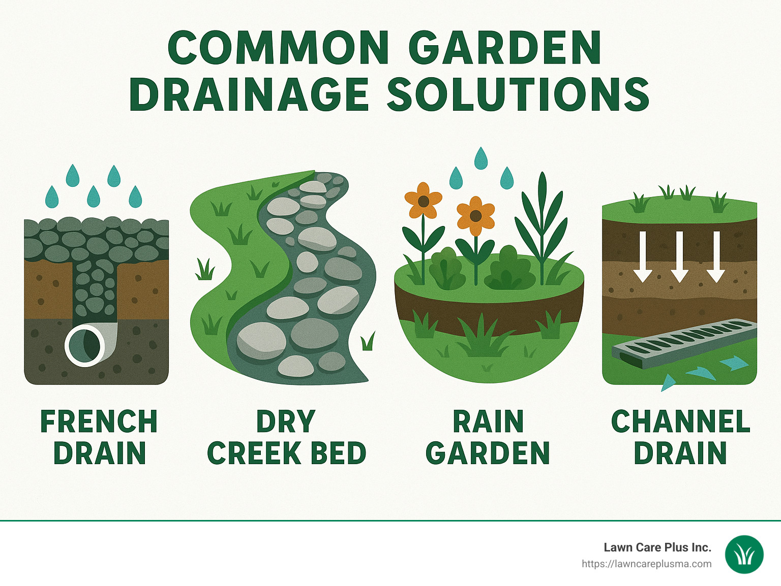 Infographic showing common garden drainage solutions, including French drains, dry creek beds, rain gardens, soil amendments, and channel drains, with simple visuals and brief explanations. - garden land drainage solutions infographic 