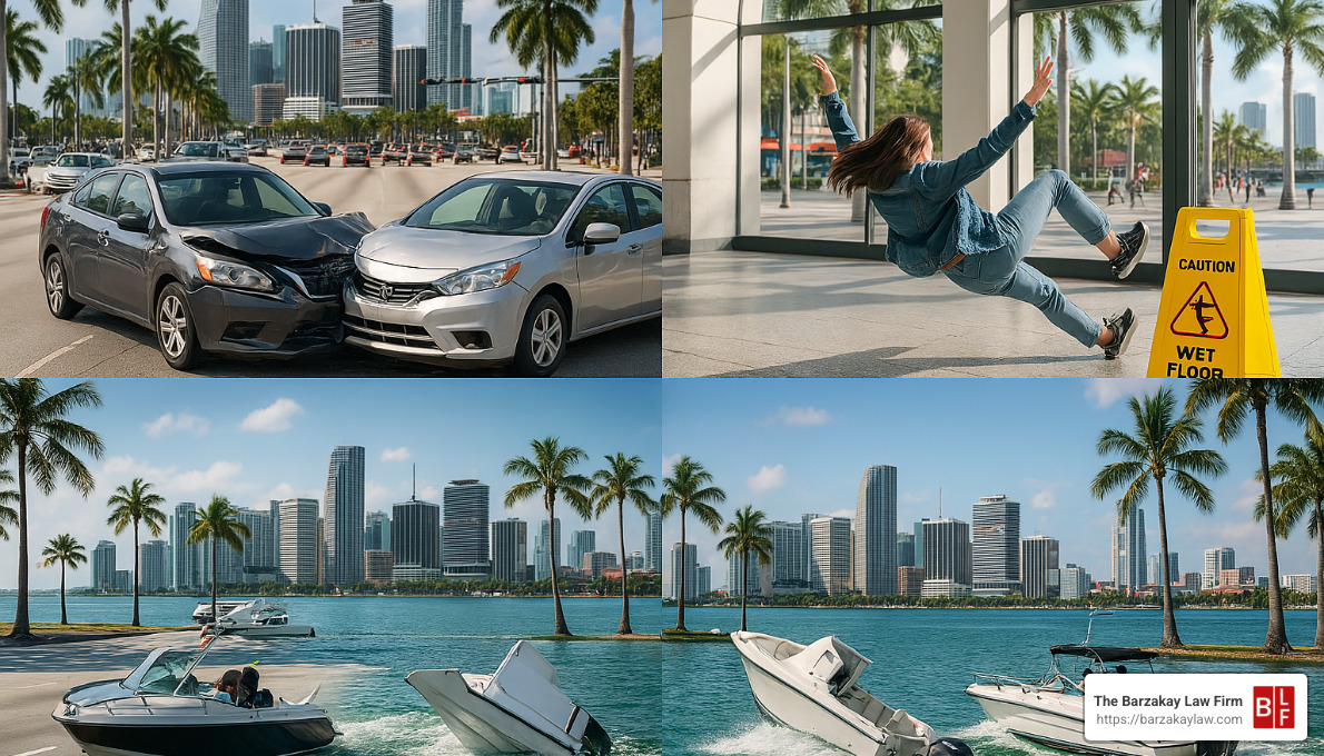 various accident scenarios in Miami including car accidents, slip and falls, and boating incidents - personal injury attorney miami