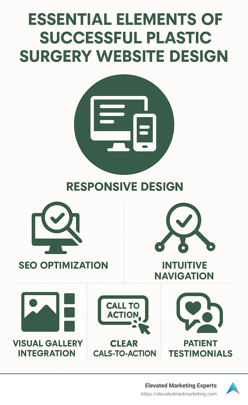 Infographic describing the essential elements of successful Plastic Surgery Website Design including responsive design, SEO optimization, visual gallery integration, intuitive navigation, clear calls-to-action, and patient testimonials. - Plastic Surgery Website Design infographic 