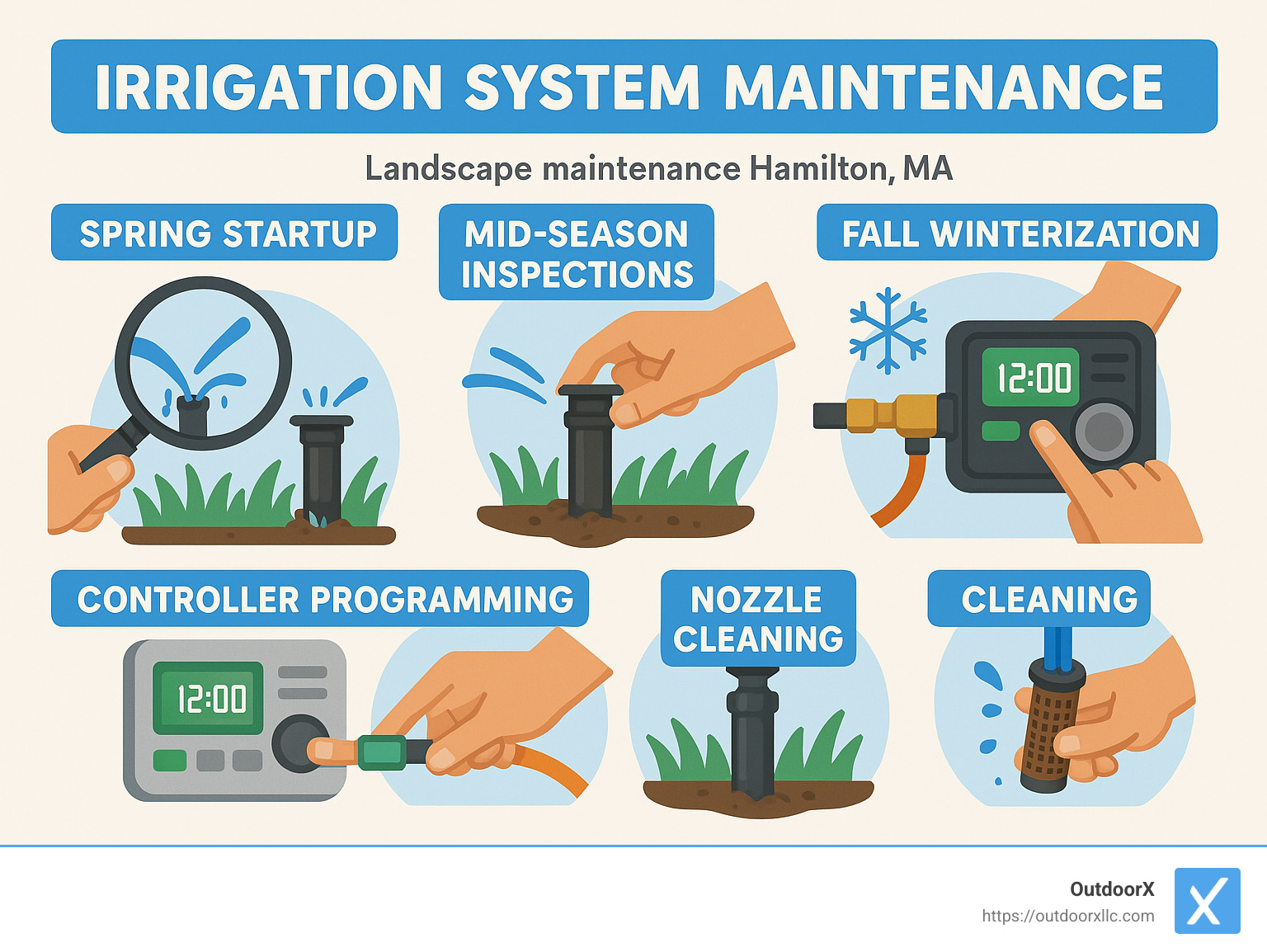 Irrigation system maintenance steps including inspection, cleaning, adjustment, and seasonal preparations - landscape maintenance hamilton ma infographic 