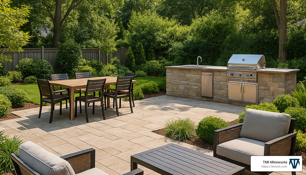 multi-functional outdoor space with kitchen and seating - Landscape renovation services